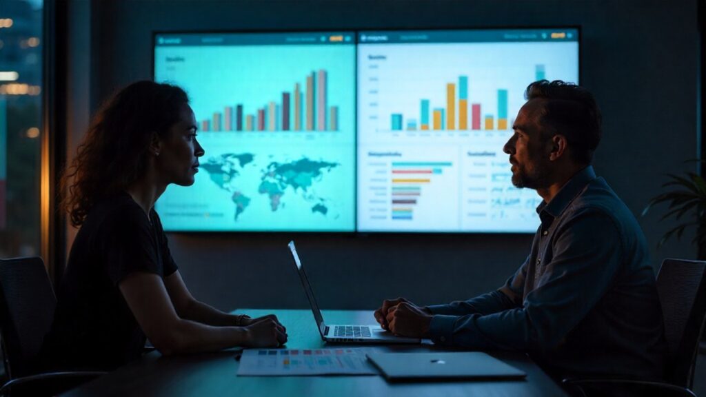 PPC strategist reviewing an audit with a business owner; messy data clarified into a focused plan on side-by-side charts in teal and charcoal tones