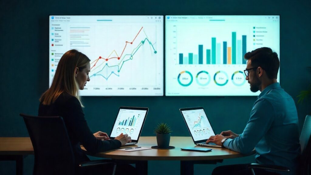 Two different marketers, one focused on SEO visuals, one on PPC controls, collaborating at adjacent desks