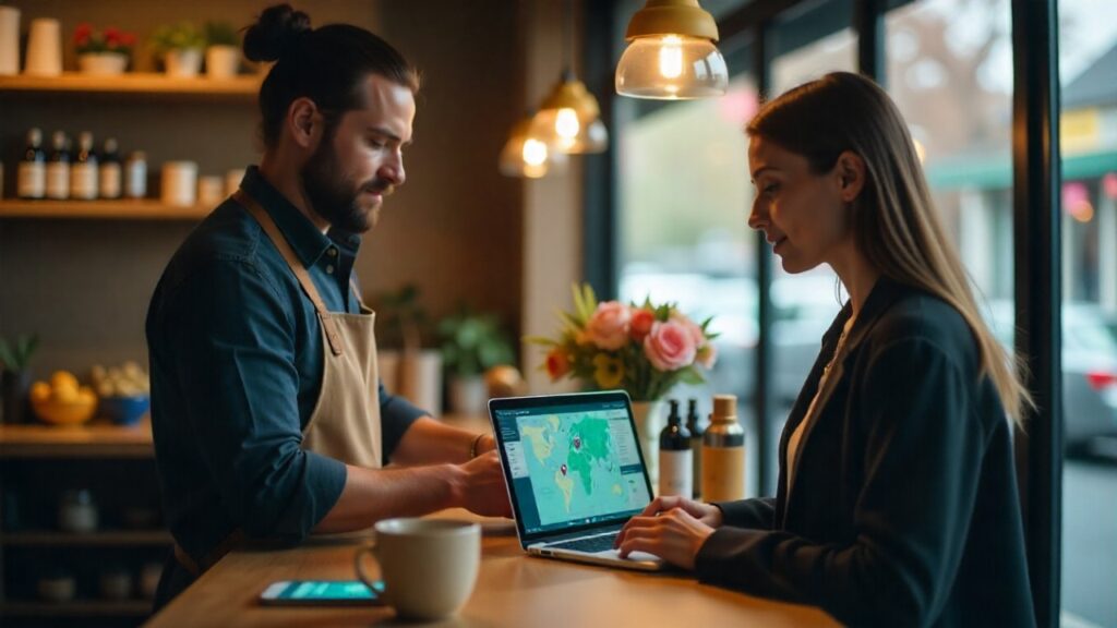 Small business owner and PPC consultant reviewing abstract campaign visuals in a shop; teal highlights suggest budget control and local targeting