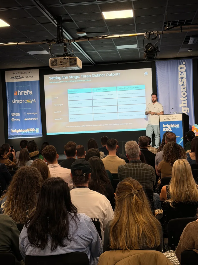 Darko Brzica presenting What Actually Moves Rankings: Links, Mentions & AI Signals at BrightonSEO 2026.