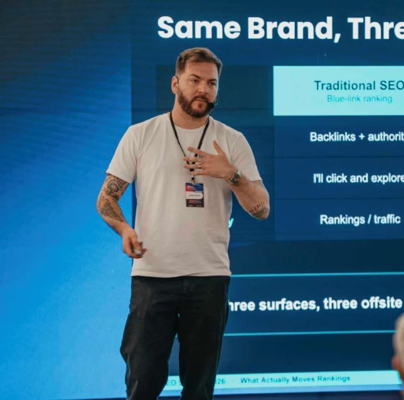 Darko Brzica comparing visibility across traditional search, Google AI Overviews and generative AI platforms at Croatia SEO Summit 2026.