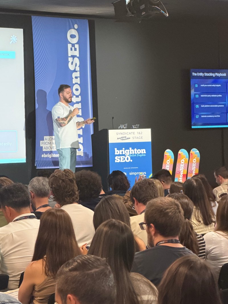 Darko Brzica speaking at BrightonSEO about links, mentions, entity associations and AI-search visibility